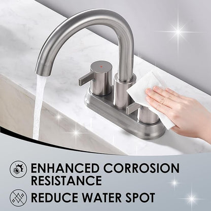 Two Handle 4 inch Brushed Nickel Bathroom Faucet, Bathroom Sink Faucet for 3 Holes with Pop-up Drain and 2 Supply Hoses, Lead-Free