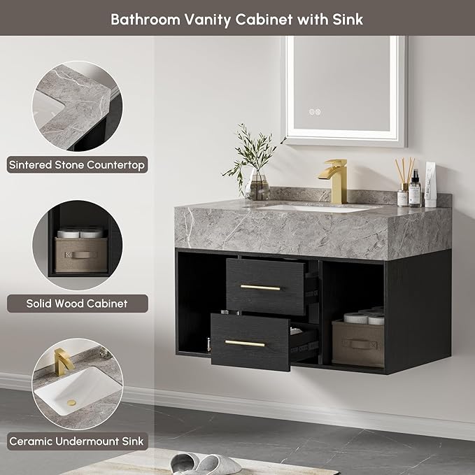 homary 35.4" Floating Bathroom Vanity with Sink, Modern Wall-Mounted Vanity Bathroom Cabinet with Sintered Stone Countertop, Undermount Sink & Black, 2 Open Storage Shelves
