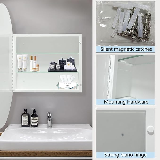 30 Inches Round Bathroom Medicine Cabinet, Frameless Circle Mirror Cabinet Wall Mounted Cabinet with Surface Mount Installation