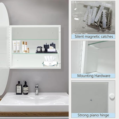 30 Inches Round Bathroom Medicine Cabinet, Frameless Circle Mirror Cabinet Wall Mounted Cabinet with Surface Mount Installation