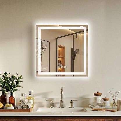 24x24 LED Bathroom Mirror with Anti-Fog, Backlit & Front Lit, Memory | Stepless Dimmable 3 Color CRI 95+ Shatterproof Tempered Glass ETL Listed for Safety Lighted Bathroom Vanity Mirror for Wall