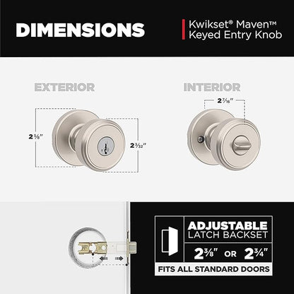 Kwikset Maven Entry Door Knob with Lock and Key, Secure Keyed Handle Exterior, Front Entrance and Bedroom, Satin Nickel, Pick Resistant SmartKey Rekey Security and Microban