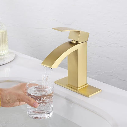 Gold Bathroom Faucet, Waterfall Bathroom Sink Faucet with cUPC Supply Hose and Pop Up Drain, Single Handle Single Hole Modern Faucet for Bathroom Vanity