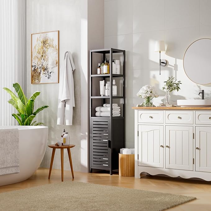 HITNET Bathroom Cabinet Freestanding, Tall Slim Bamboo Storage Cabinet with Shelves and Door, Space Saving Kitchen Cupboard Organizer, Black