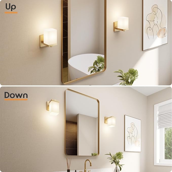 Vanity Lighting Fixture with White Frosted Glass, Gold Bathroom Wall Lamp Over Mirror, Wall Sconce for Living Room Kitchen Washroom Porch T003GD-L1