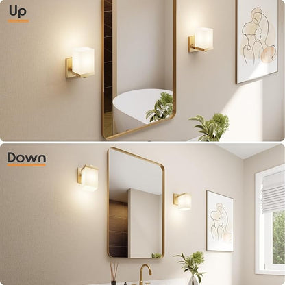 Vanity Lighting Fixture with White Frosted Glass, Gold Bathroom Wall Lamp Over Mirror, Wall Sconce for Living Room Kitchen Washroom Porch T003GD-L1