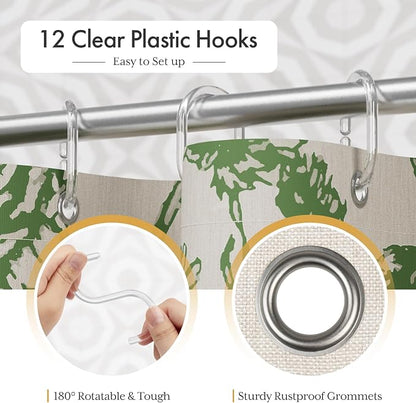 AmazerBath Sage Green Floral Shower Curtain, Modern Farmhouse Shower Curtain Set with Tassels, Rustic Faux Linen Shower Curtain Washable with Hooks for Cottagecore Style, 72x72 Inches