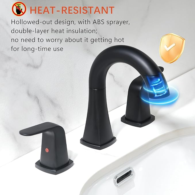 Pull Down Bathroom Faucet Black- Matte Black Sink Faucet with Sprayer, Bathroom Pull Out Faucets, 2-Handles Widespread Vanity Faucets 3 Hole 8 Inch 360 Swivel Spout with Pop-up Drain & Lines