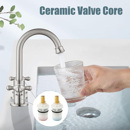 3 Hole Bathroom Sink Faucet Widespread Metal Label Brushed Nickel | High-Arc Swivel Spout,Pop Up Drain,Cross Handle,cUPC Hose,for 6-16″Centerset Basin,Farmhouse,RV,Vanity,Lavatory 8" Mixer Tap
