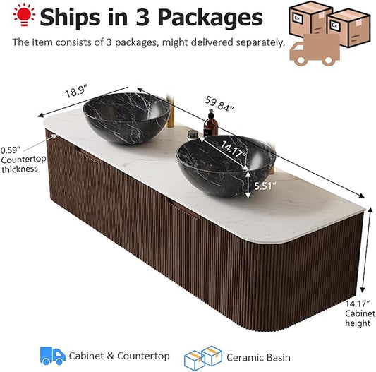 60" Floating Bathroom Vanity with Double Sink, Modern Bathroom Cabinet with 2 Large Storage Drawer, White Bowl Shape Ceramic Basins with Stone Pattern and Marble Top, Soft-Close Design, Dark Walnut