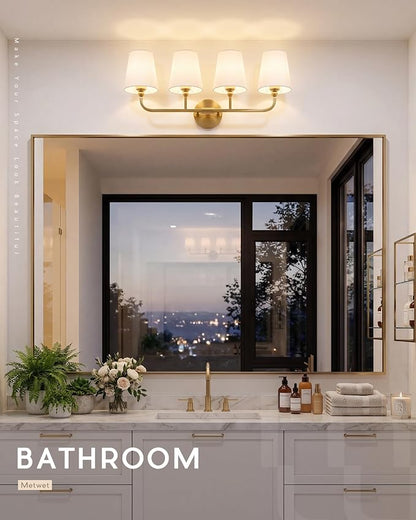 4-Light Brushed Gold Bathroom Vanity Light with White Fabric Shade | 28 Inch gold bathroom light fixture over mirror, UL listed, E26 bulbs, hardwired, upward only, VL837-BG-4K