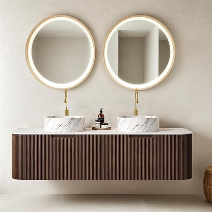 60" Floating Bathroom Vanity with Sink, Wall-Mount Cabinet 2 Large Storage Drawer, 2 White Ceramic Basins with Stone Pattern and Marble Top, Soft-Close Design, Dark Walnut