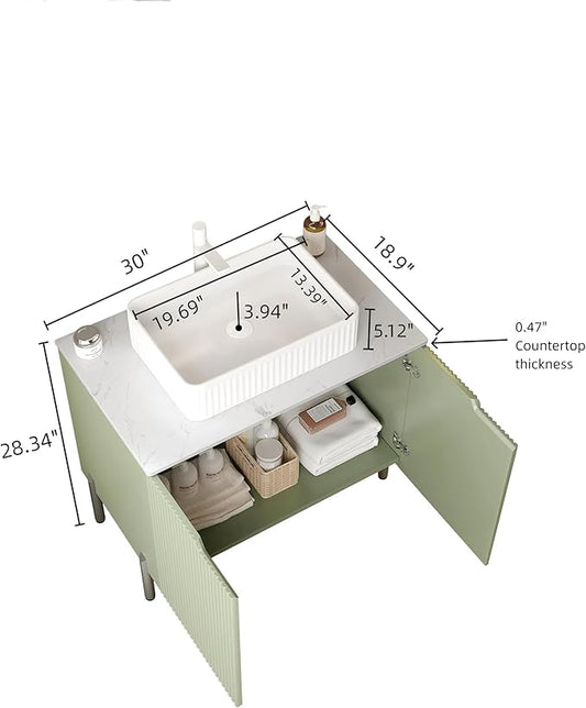 30" Bathroom Vanity with Sink, Modern Bathroom Storage Cabinet with Black Rectangular Ceramic Basin and Sintered Stone Countertop, Soft Closing Doors, Freestanding Bathroom Vanities, Green
