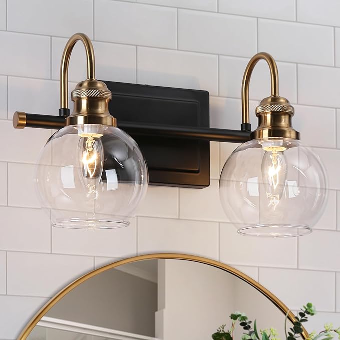 KSANA Black Gold Vanity Light, Modern 2-Light Bathroom Light Fixture with Clear Glass Globes, Electroplating Brass 14.5”L Vanity Lighting Over Mirror