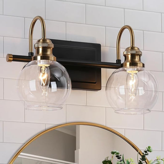 KSANA Black Gold Vanity Light, Modern 2-Light Bathroom Light Fixture with Clear Glass Globes, Electroplating Brass 14.5”L Vanity Lighting Over Mirror