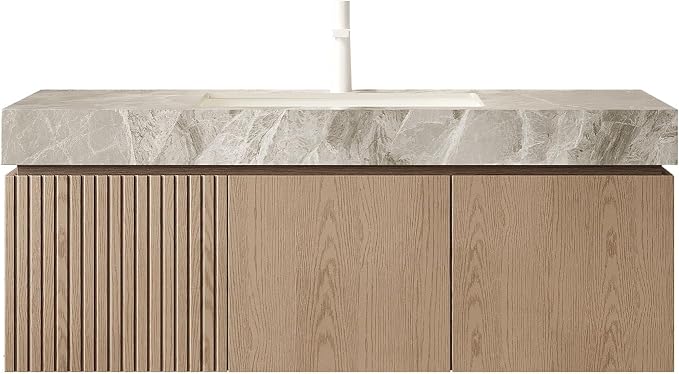 KEIKI 48 Inch Floating Bathroom Vanity with Sink, Light Brown & Grey | Modern Wall Mounted Storage Cabinet w/ Drawer & Door, Pre-assembled Wood Panels, Sintered Stone Top & Ceramic Basin Combo Set