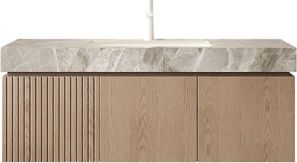 KEIKI 48 Inch Floating Bathroom Vanity with Sink, Light Brown & Grey | Modern Wall Mounted Storage Cabinet w/ Drawer & Door, Pre-assembled Wood Panels, Sintered Stone Top & Ceramic Basin Combo Set