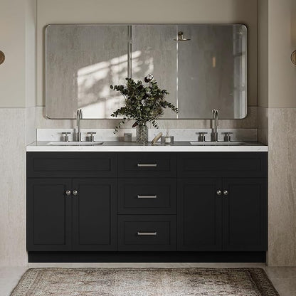 ARIEL Hamlet 72-inch Bathroom Vanity with Sink,Solid Wood, 1.5-inch Carrara White Quartz Countertop & Backsplash, Double Rectangular Porcelain Sink, 4 Soft Closing Doors, 3 Dovetail Drawers, Black