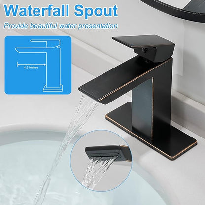 RUMOSE Oil Rubbed Bronze Bathroom Faucets Set with Pop Up Drain Single Handle Bathroom Sink Faucet 1 & 3 Hole Waterfall Spout Vanity Faucet Kit with Deck Plate Lavatory Basin Faucet, Stainless Steel