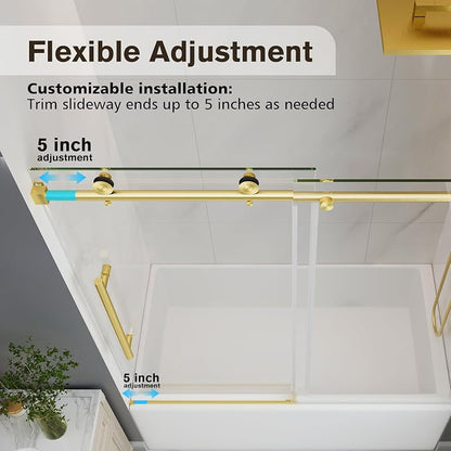 55-60" W x 60" H Bathtub Shower Door Frameless Brushed Gold | 1/4''(6mm) SGCC Tempered Glass,Explosion Proof Film,Nano Coating,Customizable width,Reversible installation,Easy to Clean