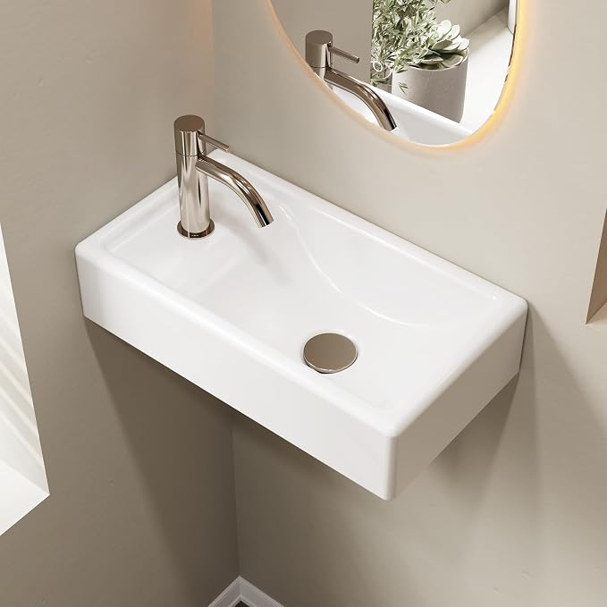 Wall Mount Bathroom Sink, Rectangular, 16" x 9", Left | Porcelain Ceramic, Floating Design, Deep Basin, High-Efficiency Drain, 9"D x 16.1"W x 3.9"H, Easy Clean, Space-Saving