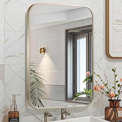 24x32 Inch Brushed Nickel Bathroom Mirror, Framed Rectangle Mirror with Rounded Corner, Brushed Mirror, Silver Bathroom Mirror for Over Sink, Vanity, Living Room, Bedroom, Horizontal/Vertical