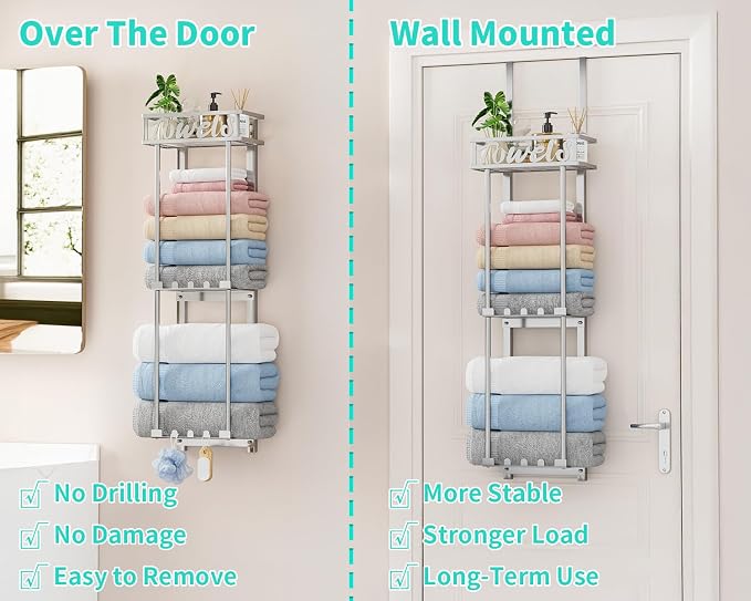 HapiRm Towel Rack Bathroom Storage - 3 Tier Over The Door & Wall Mounted Rolled Towel Racks Holder Organizer with Metal Shelf and 6 Hooks for Small Bathroom, Camper, Rv - Sliver