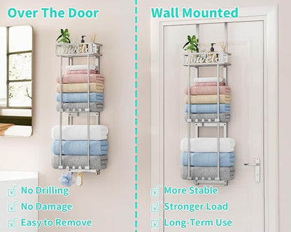 HapiRm Towel Rack Bathroom Storage - 3 Tier Over The Door & Wall Mounted Rolled Towel Racks Holder Organizer with Metal Shelf and 6 Hooks for Small Bathroom, Camper, Rv - Sliver