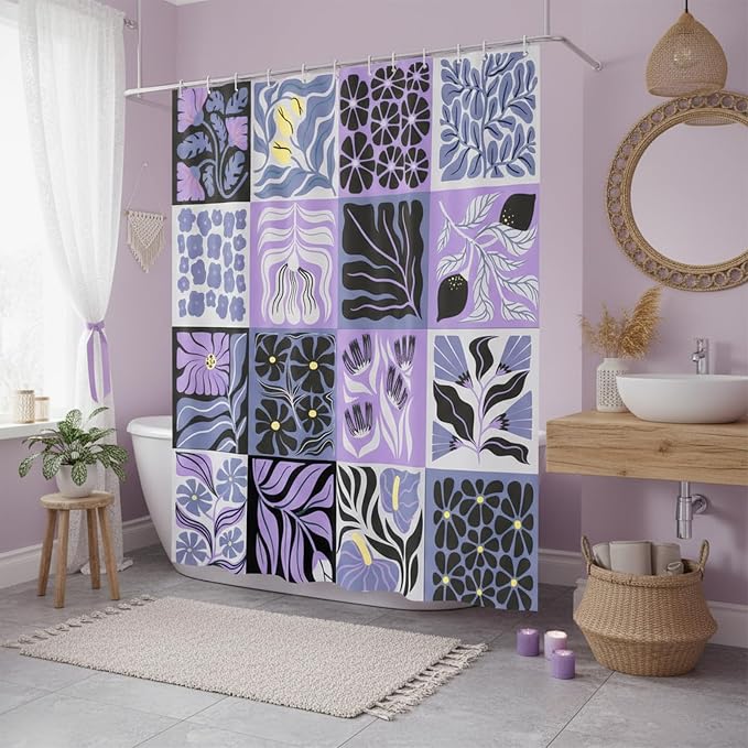 JAWO Retro Shower Curtain Vintage Abstract Boho Floral Shower Curtains for Bathroom Decor Purple Yellow Botanical Geometric Groovy Aesthetic Pattern Shower Curtain Sets with Hooks, 70X70IN