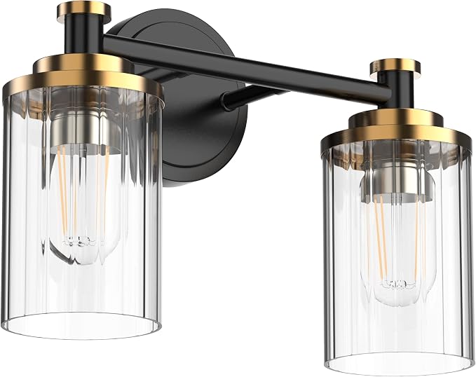 Bathroom Lighting Fixtures Black and Brass Bathroom Vanity Light with Cylindrical Clear Stripes Glass Lampshade E26 Socket Base Bathroom Lighting Fixtures Over Mirror (2 Lights)