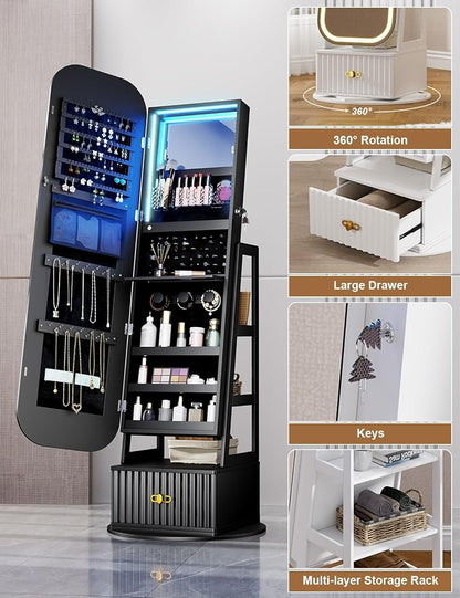 Jewelry Cabinet with RGB Mirror and Foldable Makeup Shelf - Black | SKKTKT Standing Jewelry Armoire - Rotating Storage, RGB Mirror and Foldable Makeup Shelf