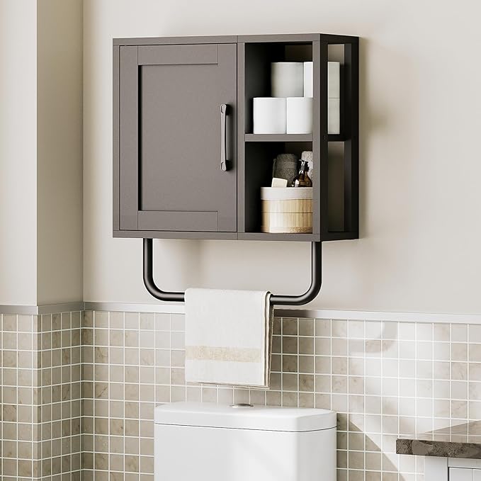 Medicine Cabinet, Bathroom Wall Cabinet with Towel Bar, Adjustable Shelf and Open Partition, Over The Toilet Storage Cabinet, for Bathroom, Laundry Room, Living Room, Kitchen, Black