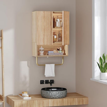 Bathroom Wall Cabinet, Wall Mounted Medicine Cabinets with Towel Bar & Adjustable Shelf, Over The Toilet Space Saver Storage Cabinet with 2 Doors, for Bathroom Laundry Room Kitchen, Natural