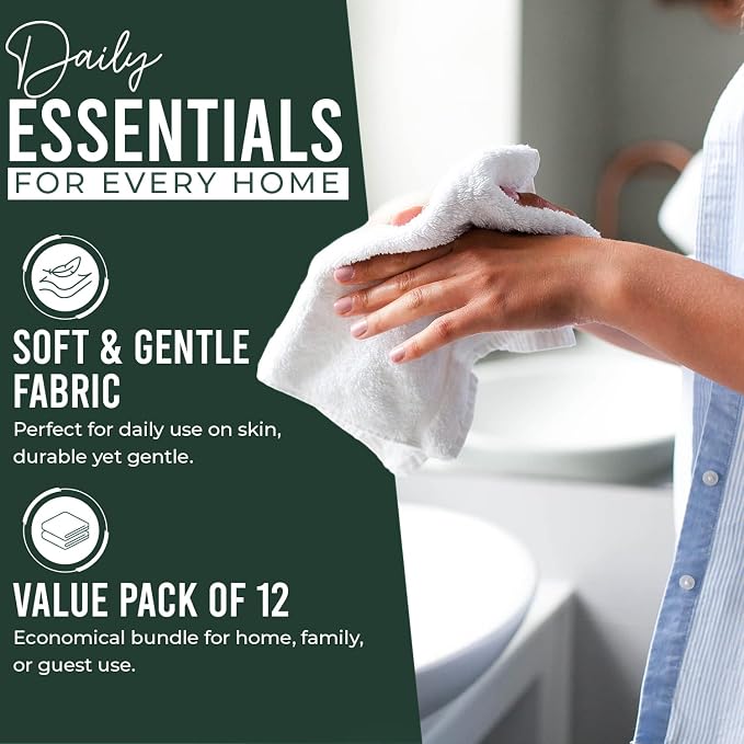 DAN RIVER 12 Pack Cotton Wash Cloths Set for Showering [12x12] Hunter Green | Lighter Weight, Quick to Dry, Super Soft & Absorbent Face Towels, Hotel Quality, Perfect for Bathroom, Gym, Spa