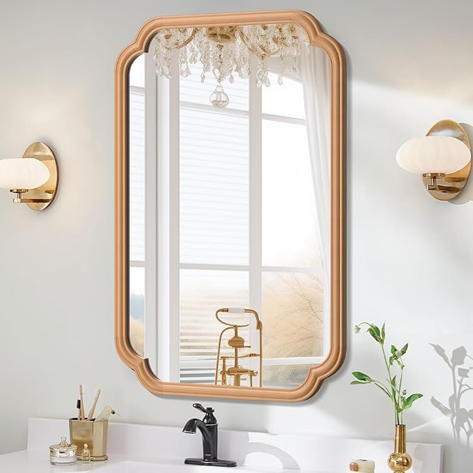 Wood Bathroom Mirror for Wall Mounted, 24" x 36" Rustic Bathroom Mirror for Over Sink with Wood Frame Farmhouse Rounded Corner Rectangle Mirror Decorative(Natural Color)