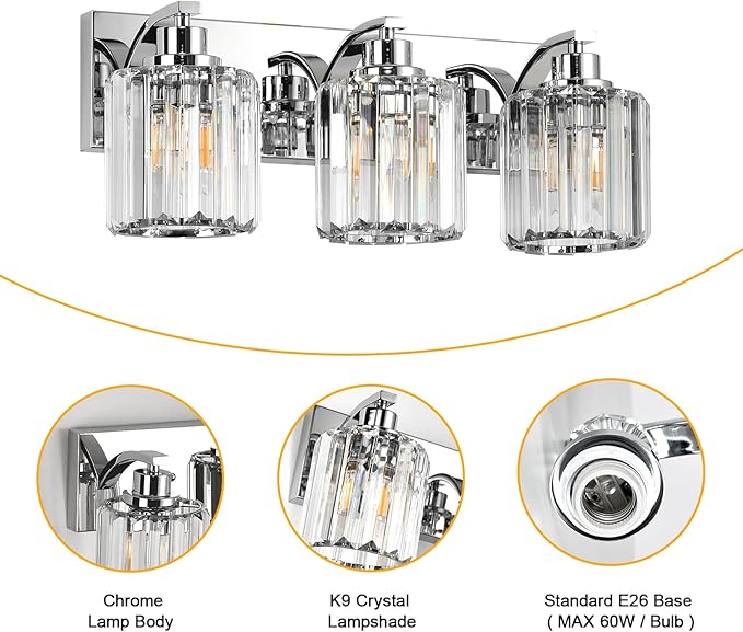 3 Lights Crystal Bathroom Vanity Light Modern Chrome Bathroom Light Fixture Bathroom Lighting Fixtures Over Mirror for Mirror E26 Base