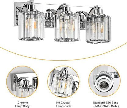 3 Lights Crystal Bathroom Vanity Light Modern Chrome Bathroom Light Fixture Bathroom Lighting Fixtures Over Mirror for Mirror E26 Base