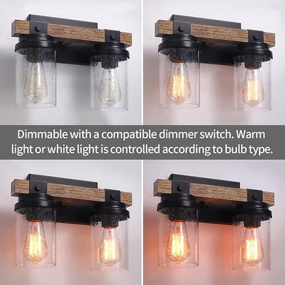 2-Light Farmhouse Vanity Lights for Bathroom, Rustic Bathroom Light Fixtures with Pretty Glass Shade, Rustic Vanity Light for Mirror, Black Wood Wall Sconces for Hallway Bedroom Living Room
