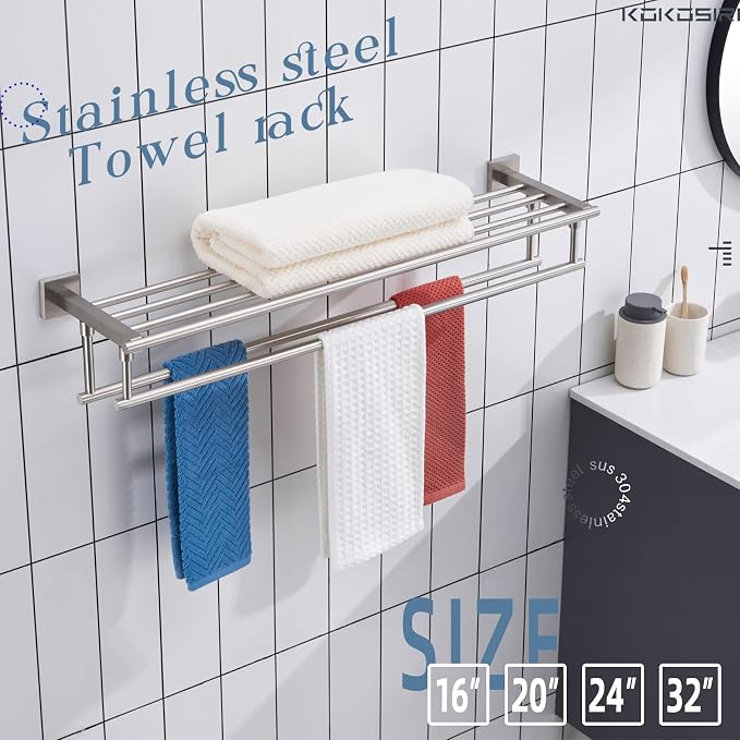 KOKOSIRI Towel Shelf with Double Towel Bars 32 Inches Bathroom Towel Rack Bath Towel Holder Wall Mounted Stainless Steel, Brushed Nickel, B6005BR-L32
