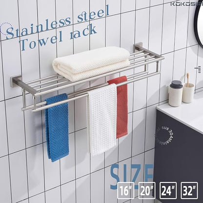KOKOSIRI Towel Shelf with Double Towel Bars 32 Inches Bathroom Towel Rack Bath Towel Holder Wall Mounted Stainless Steel, Brushed Nickel, B6005BR-L32