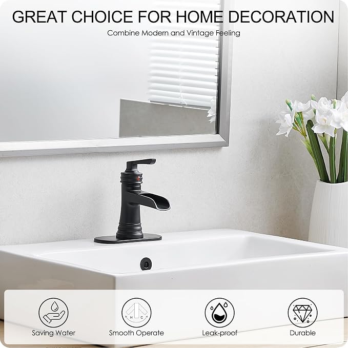 Matte Black Bathroom Faucet 1 Hole, Brass Waterfall Bathroom Faucets 3 Hole 4 Inch Single Handle with Pop-up Drain, Deck Plate, Pre-Installed cUPC Hose for Lavatory, Farmhouse, 5 Mins Install