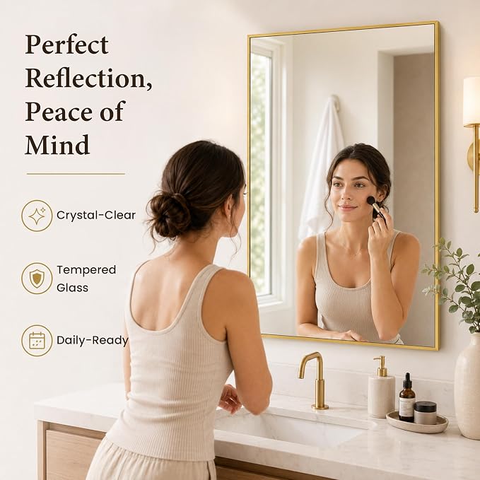 2-Pack 24"x36" Brushed Gold Framed Bathroom Vanity Wall Mirrors | Taller Vanity Pair, Balanced Twin-Sink Look, Matching Finish Across Rooms, Vertical/Horizontal Hanging, Tempered Glass