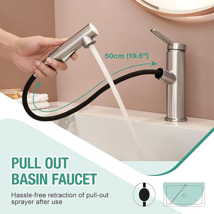 Faustina Single Hole Bathroom Faucet with Pull Out Sprayer, Brushed Finish Bathroom Sink Faucet for Vanity or Laundry, Stainless Steel 1 Handle with Deck Plate for 1 or 3 Hole