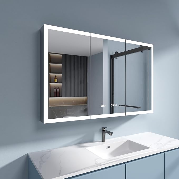 LED Medicine Cabinet 48x30 Anti-Fog Mirror Dimmable Recessed Mount | 3 Color Dimmable LED. Time Temp Display. Anti-Fog IP44. 2 Outlets+2 USB. Plug-in/Hardwired. Recessed/Wall Mount