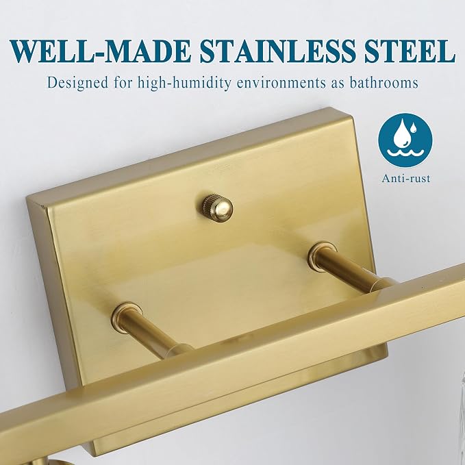 Mecgirn Stainless Steel Bathroom Vanity Light Over Mirror, 2 Light Brushed Gold Bathroom Light Fixtures with Textured Glass Shades, Modern Vanity Lighting Wall Mount