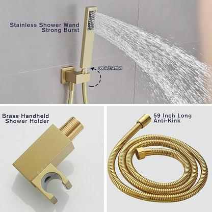 Brushed Gold Shower System 8 Inch Bathroom Luxury Rain Mixer Shower Combo Set Wall Mounted Rainfall Shower Head and Handheld System Shower Faucet Set Rough-in Valve Body and Trim Included