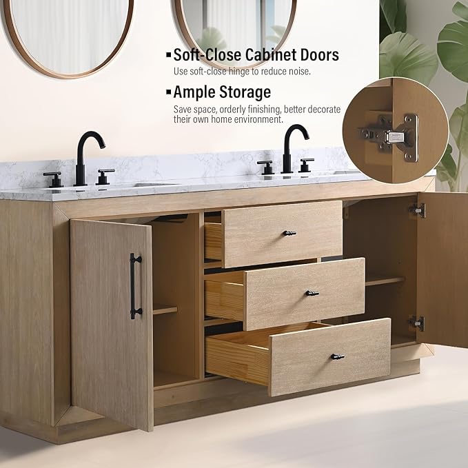 Vanity Art 72 inch Double Sink Bathroom Vanity, Vanity Cabinet with Doors and Shelf, Modern Wood Bathroom Vanity with White Marble Top, Solid Wood Frame, 3 Functioning Drawers,VA70-72-DLW-E
