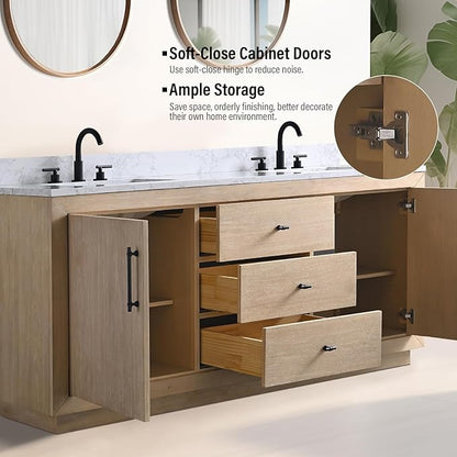 Vanity Art 72 inch Double Sink Bathroom Vanity, Vanity Cabinet with Doors and Shelf, Modern Wood Bathroom Vanity with White Marble Top, Solid Wood Frame, 3 Functioning Drawers,VA70-72-DLW-E