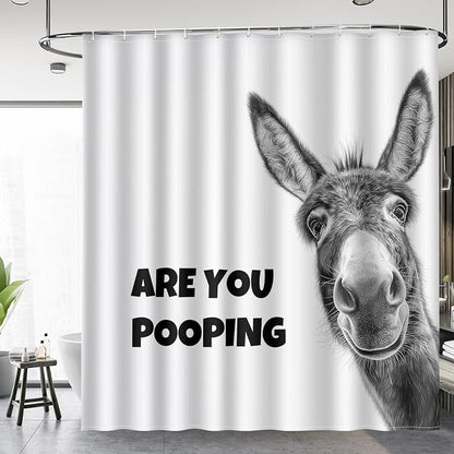 Aimego Funny Donkey are You Pooping Shower Curtain Novelty Hilarious Whimsical Rustic Farmhouse Black and White Bathroom Bath Decor Bathtub Curtain Fabric Shower Curtain Set with 12 Hooks, 72"x72"