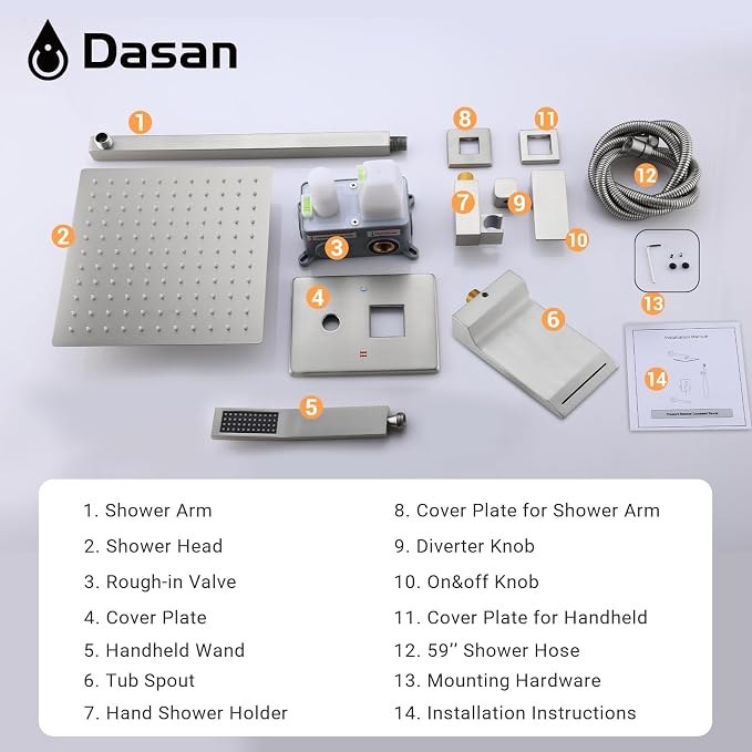 DASAN Tub Shower Faucets Sets Complete Brushed Nickel Bathtub Shower System with Waterfall Tub Spout, Bathtub Faucet Set Tub and Shower Faucet Combo Trim Kit with Valve, DA-SS04BN-S10W